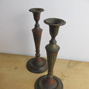 Vintage metal candlesticks. Pair of elegant fluted candlesticks - nice and heavy - 10 inches high (25.5cm)