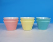 Fabulous set of six Pyrex custard cups. Pastel shades of yellow, pink and pale turquoise. JAJ Pyrex ramekins set of six.