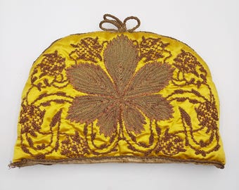 Antique Silk Tea Cosy: Goldwork Embroidery, Bright Yellow
