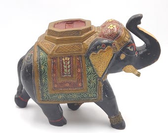 Vintage wooden elephant - handpainted Indian decorative figurine.