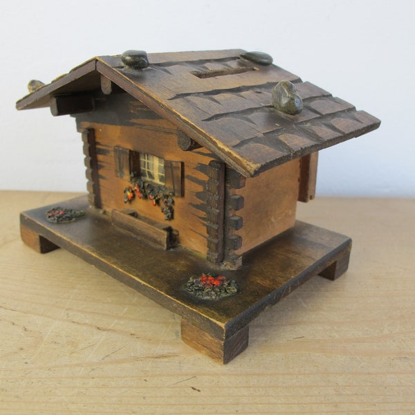 Lovely vintage Swiss Chalet wooden money box. Small cottagecore decoration