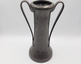 Antique pewter vase. Arts and Crafts hammered pewter with two handles by Talbot Pewter, 10.5 inches tall