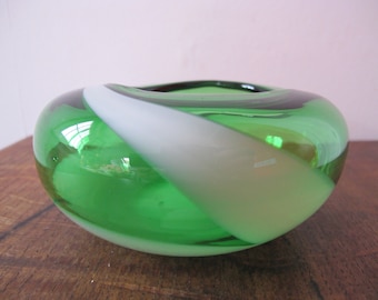 Vintage green glass bowl. Japanese kamei glass green swirl dish handblown