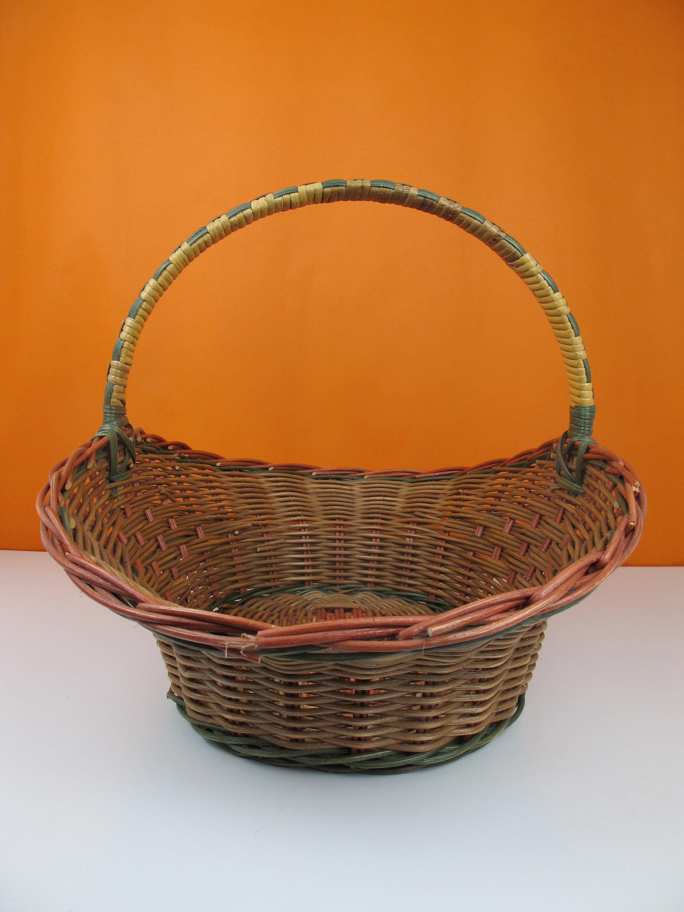 Vintage Wicker Basket. Large Oval Open Woven Basket With Red Etsy UK