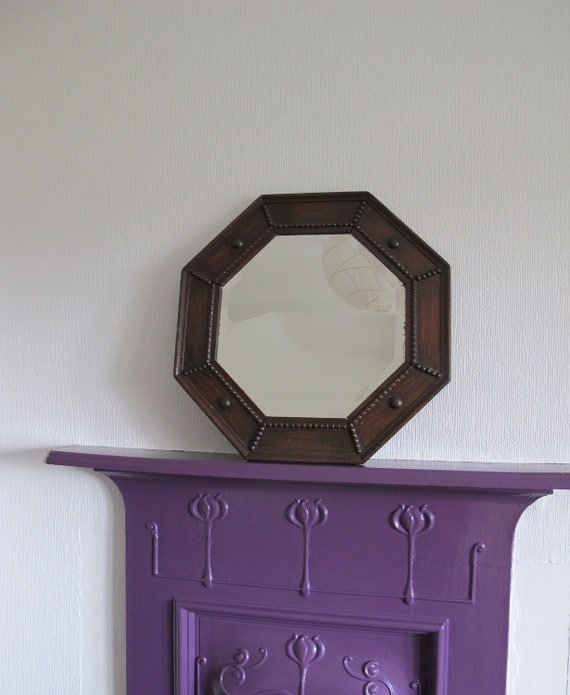 Vintage Octagonal Oak Framed Mirror Wooden Eight Sided Art Deco With Bevelled Glass Ready To Hang New Chain