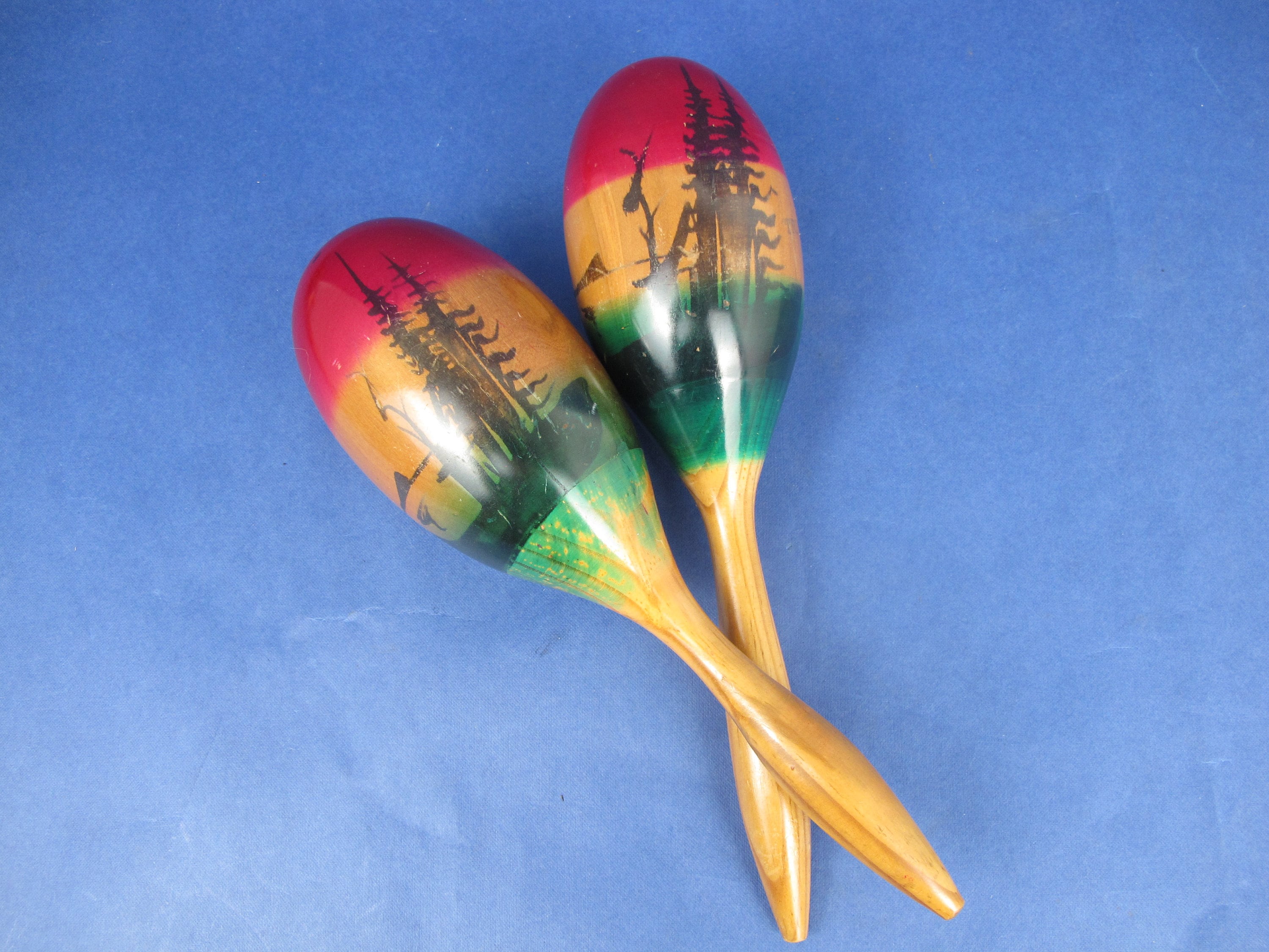 Vintage Wooden Maracas. Red and Green Design Marked Trinidad