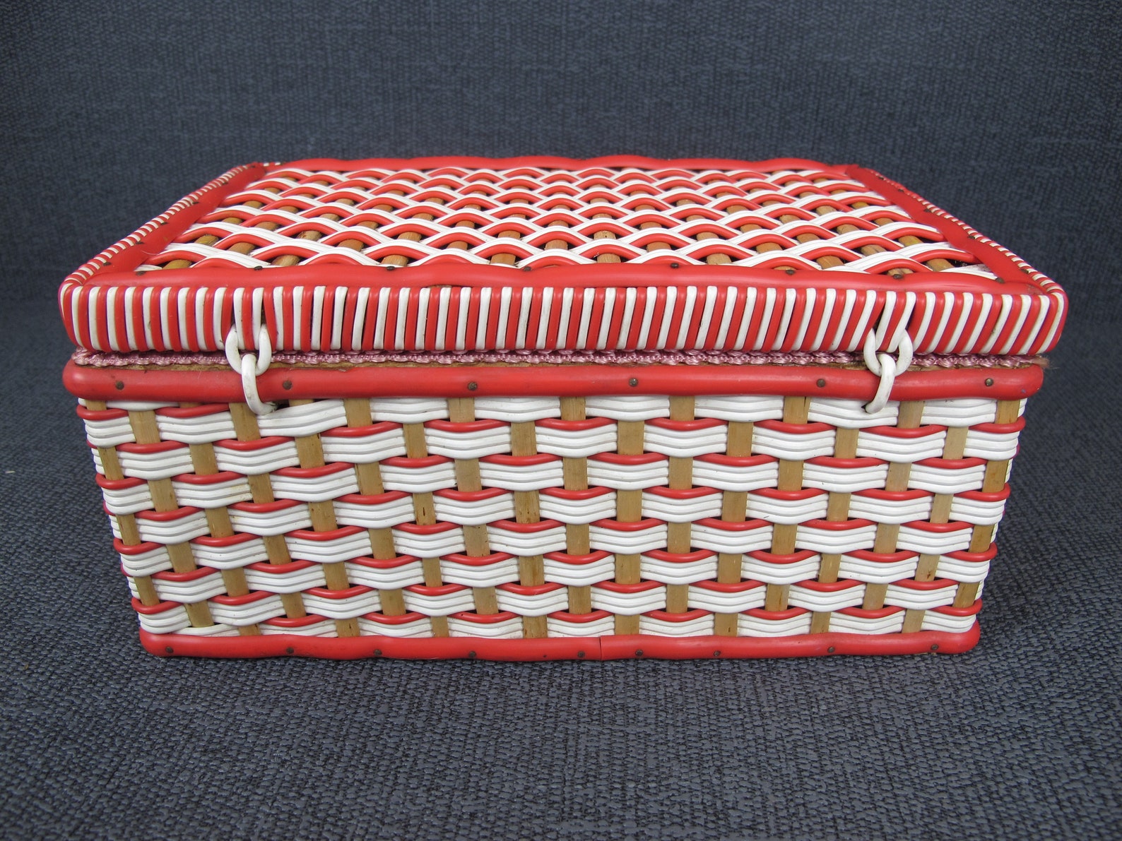 Vintage plastic wicker sewing basket with in red and white Etsy