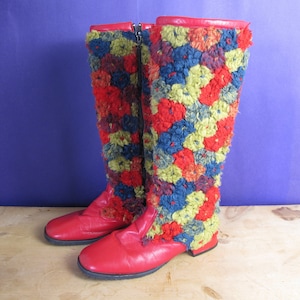 Vintage Boots. Fabulous red and multi-colour furry boots. Low heel, new soles Size British 4 American 6 European 37.