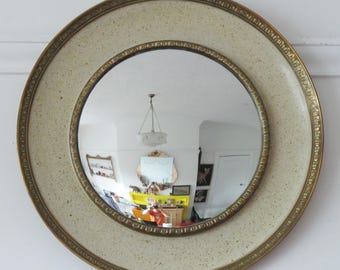 Round convex 1950s brass butler's wall mirror