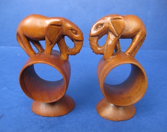 Vintage Hand Carved Wooden Elephant Napkin Rings, Pair