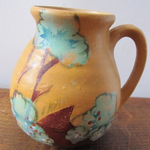 Vintage Art Deco vase. Ceramic vase with handle and hand painted trees. 5 inches tall 13cm image 2