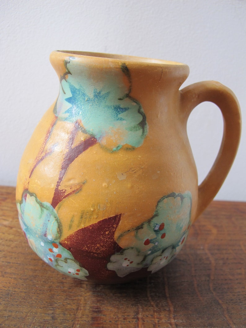 Vintage Art Deco vase. Ceramic vase with handle and hand painted trees. 5 inches tall 13cm image 2