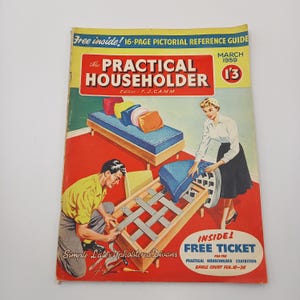 May include: A retro magazine cover for "The Practical Householder" from March 1959. The cover shows illustrations of a couple constructing a divan. Text includes "Free inside!" and "Simple Latex Upholstered Divans".