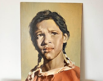 Vintage oil painting on board. Portrait of a young girl 14 x 10.25 inches