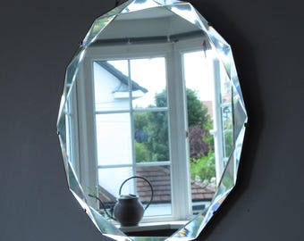 Large Round (12 sided) Art Deco Frameless Mirror with decorative deep bevel. Ready to hang on original visible chain.