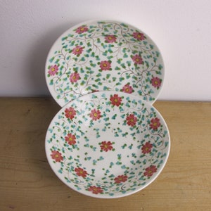 Two antique handpainted small dishes. Shallow porcelain/bone china bowls with pink flowers leaves. 14cm diameter