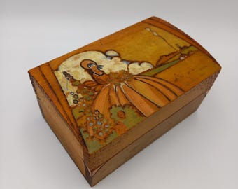 Vintage small wooden box with woman in a crinoline dress and country scene