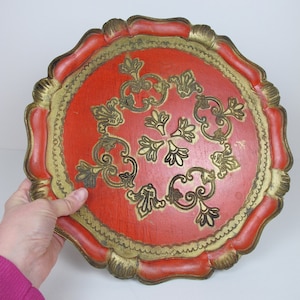 Vintage painted red and gold wooden tray. Made in Italy. Catch all tray, vintage dressing table, key tray. Wooden decorative shallow tray