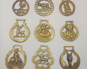 Vintage hästmässingsmedaljonger: Retro heminredning.