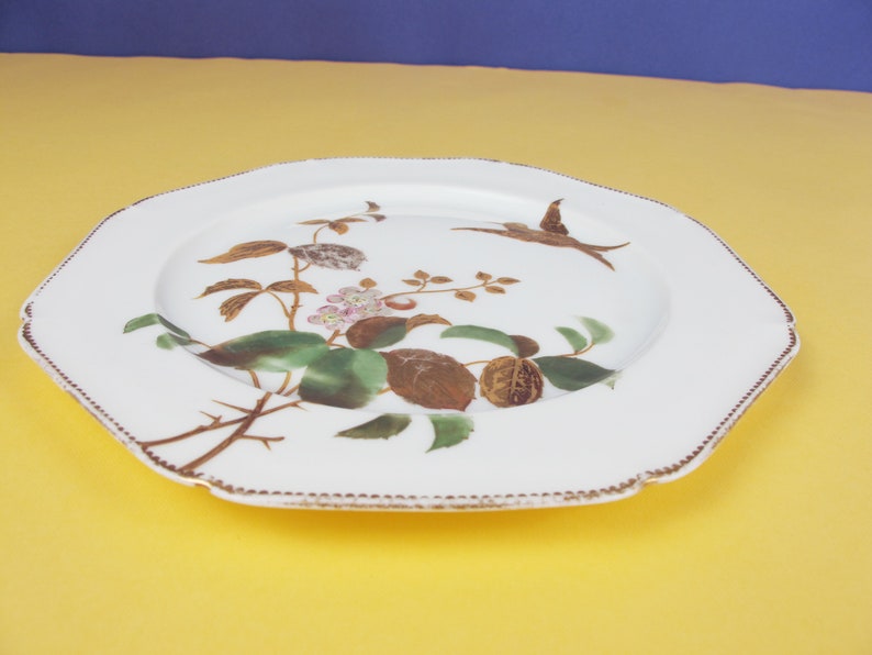 Beautiful antique plate leaves and flowers Gold plated detail Shabby chic fine dining Octagonal with handpainted bird