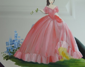 Art Deco Bevelled Mirror: Painted Crinoline Lady, Frameless