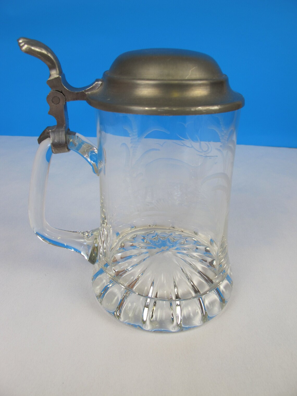 Vintage etched glass beer stein with metal hinged lid and a Etsy