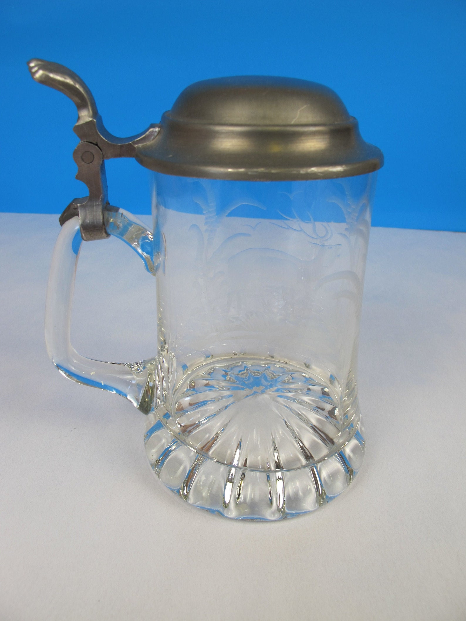 Vintage etched glass beer stein with metal hinged lid and a Etsy