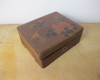 ヴィンテージ漆塗り木箱：鳥と花のデザイン（6.25 x 5 x 2.25インチ