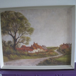 Framed vintage oil painting. Buckton, Near Bempton, Signed by the artist, Pat Pinder. Mid century English rural scene, original artwork.