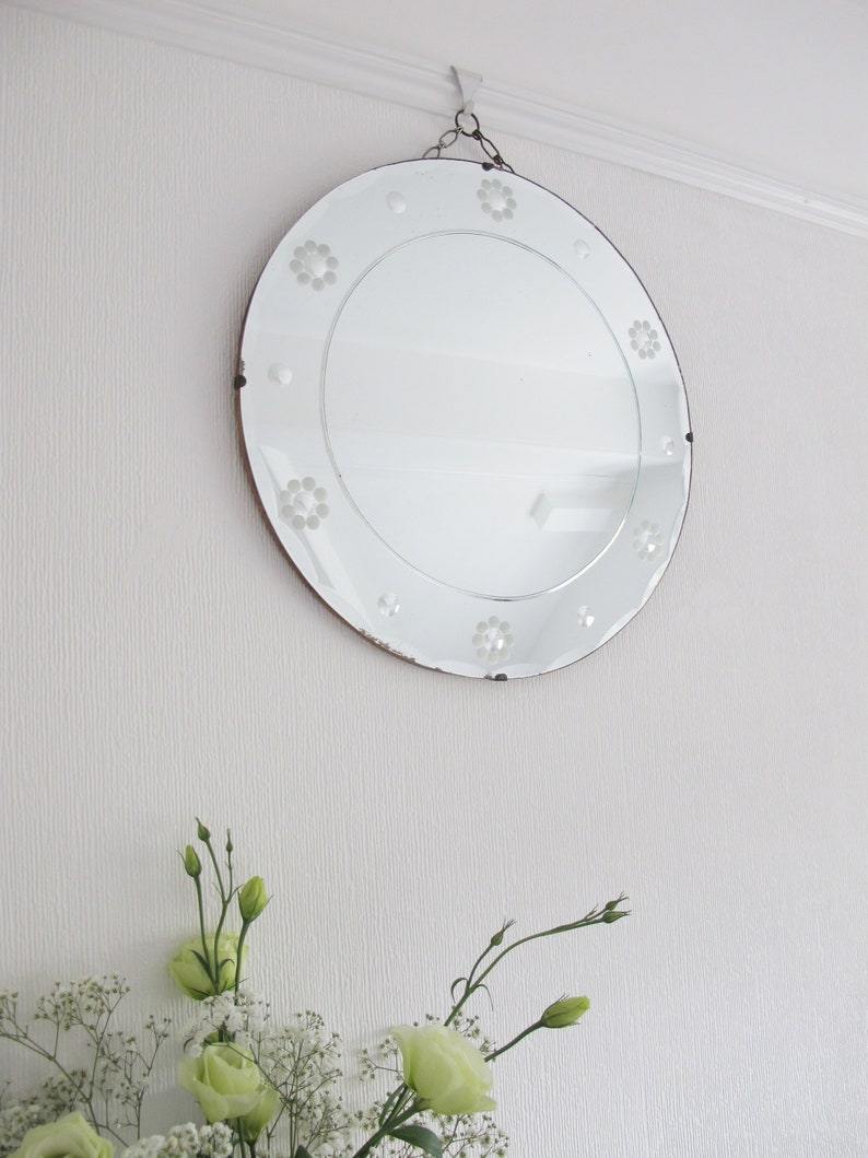 Vintage Beveled Edge Round Frame Less Mirror Art Deco With Original Visible Hanging Chain Ready To Hang Wall Hung