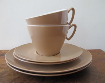 Vintage Gaydon Melmex cups, saucers and plates. Mushroom/mink colour. Tea set for two.
