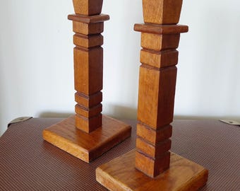 Pair of vintage oak candlesticks, square base, 25cm high