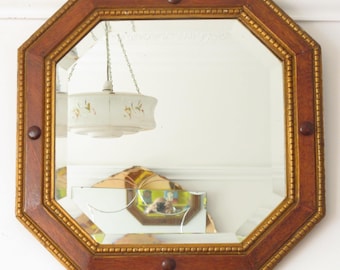 Arts and Crafts Bevelled Antique Mirror. Octagonal mirror in rectangular oak frame - ready to hang on new chain
