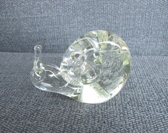 Vintage clear glass snail paperweight. Lovely controlled bubble smail. Vintage office supplies, vintage desk, tidy desk.