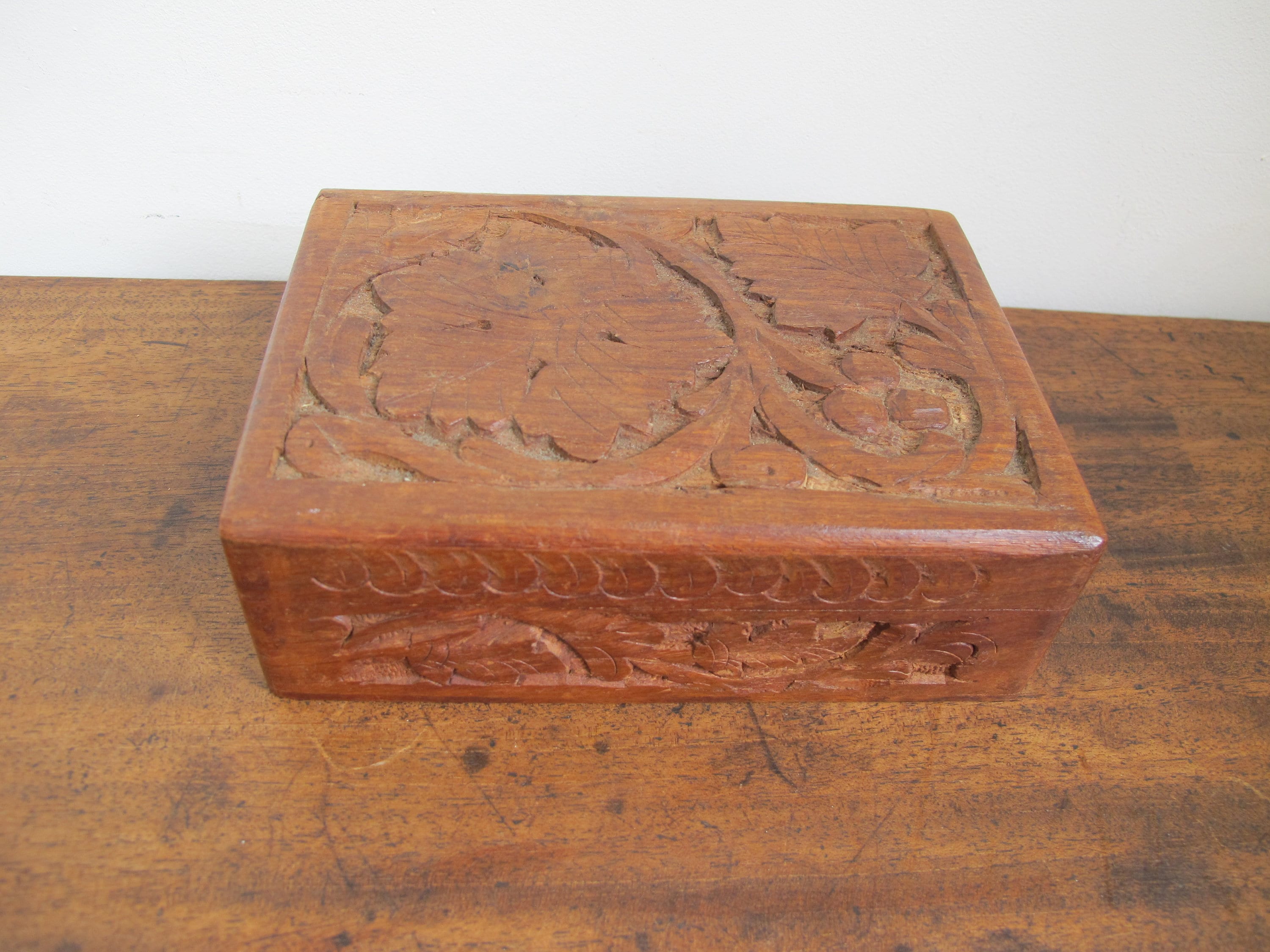Vintage Wooden Box With Hinged Lid and Carved Floral