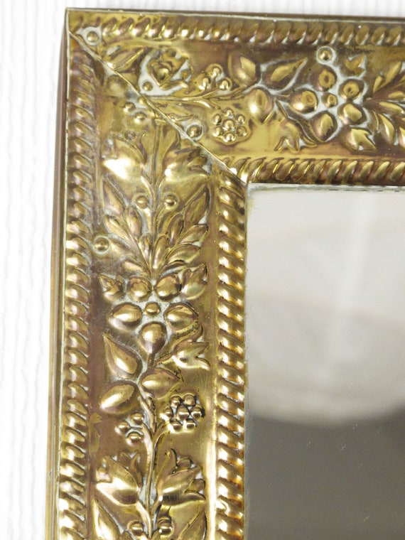 Vintage Rectangular Brass Framed Mirror With Foliage Relief Denmark Vintage Rectangular Brass Framed Mirror, Antique Brass Framed Mirrors