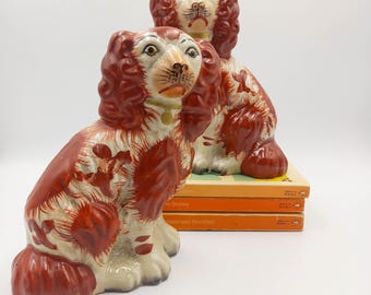 Antique Staffordshire dogs. Red and white, 7 inches high