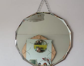 Round (12 sided) Art Deco Frameless Mirror. Decorative bevel. Original visible chain