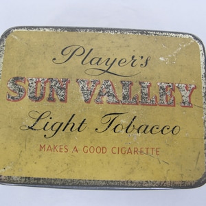 sun tobacco Vintage English Tobacco Tin. Players Sun Valley Light Tobacco. 'makes a  Good Cigarette' Empty Tin. Vintage Advertising Tin