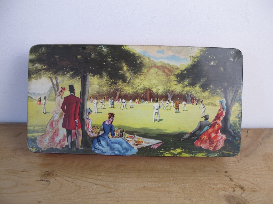 Boîte Publicitaire Vintage Cadburys Bournville - Scène De Cricket En étain - Objet De Collection
