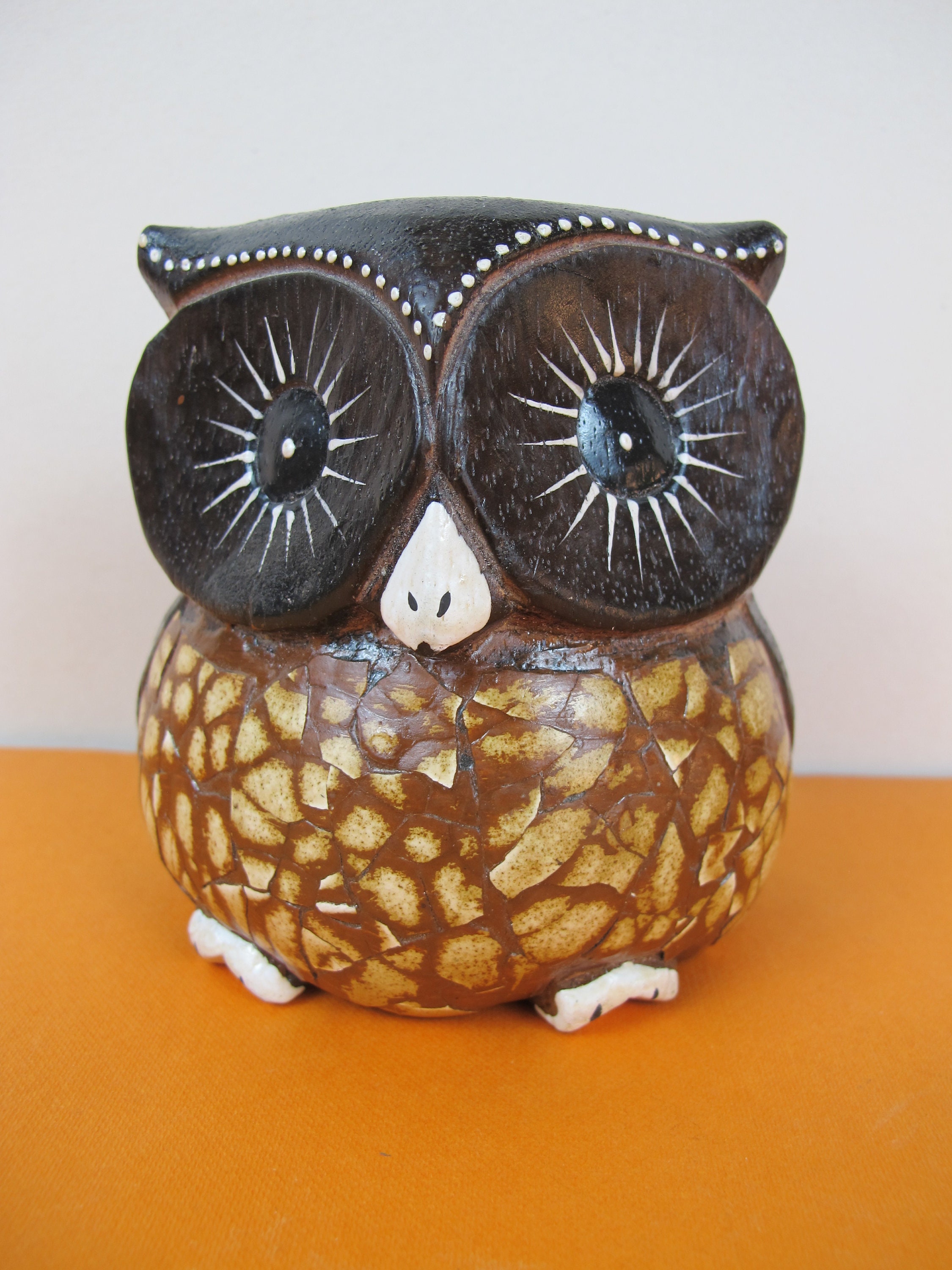 Vintage Handpainted Wooden Owl Figurine, Folk Art Primitive Decor