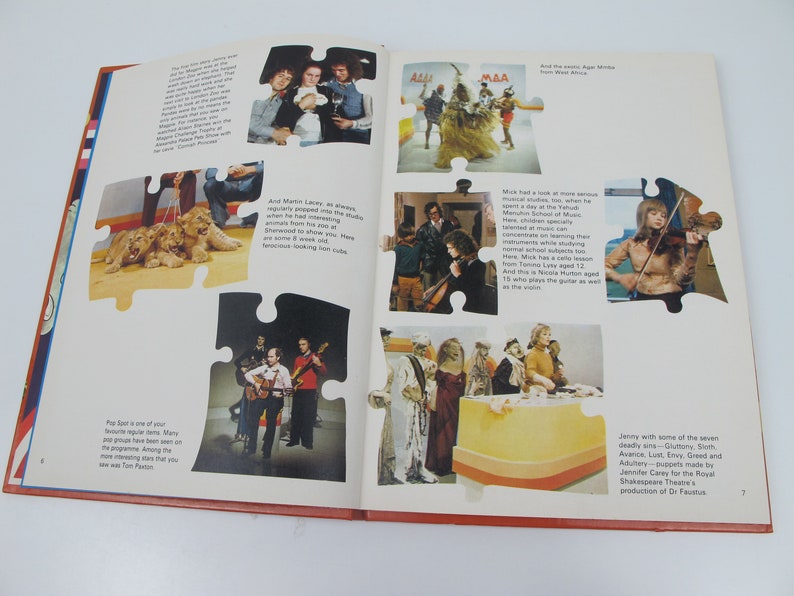 May include: Open book with various images of people and events, including a group of musicians, a woman playing the violin, and a group of people in costumes. The pages are white with text and images.