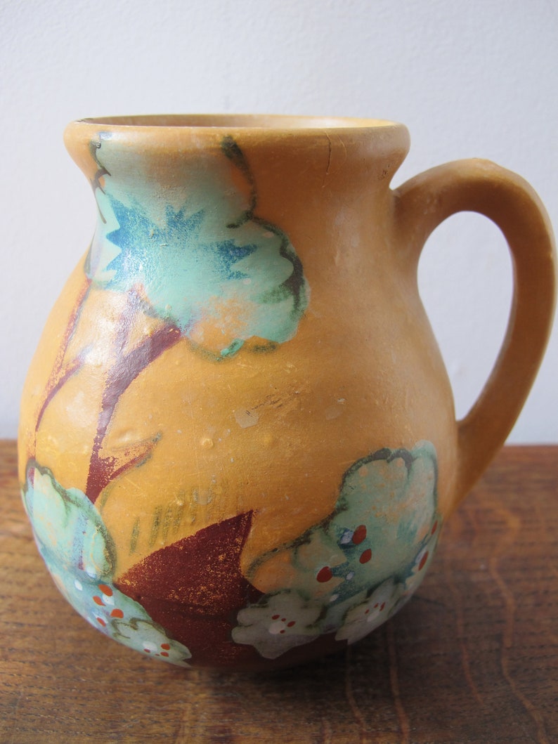 Vintage Art Deco vase. Ceramic vase with handle and hand painted trees. 5 inches tall 13cm image 5