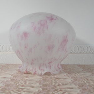 Vintage glass lampshade. Mottled opaque white glass with pink marbling and frilly edge. Mid century lightshade - 8.5 inches tall