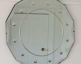 Large Round (12 sided) Art Deco Frameless Mirror with cut glass "witch's mirrors". Ready to hang on new chain.