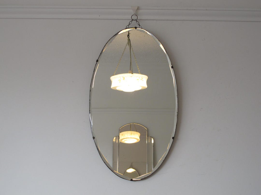 Oval Art Deco Frameless Mirror With Decorative Bevel. Ready to Hang on