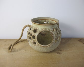 Vintage ceramic hanging planter. Studio pottery cut out design. Boho interiors.