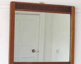 Antique mirror - Rectangular oak framed with decorative border - ready to hang on new chain