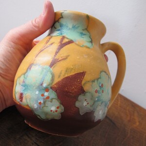 Vintage Art Deco vase. Ceramic vase with handle and hand painted trees. 5 inches tall 13cm image 3