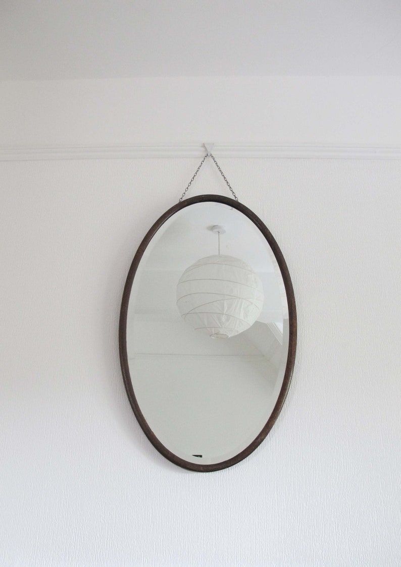 Vintage Oval Wood Framed Mirror Wooden Bevelled With Lovely Dark Simple Frame Ready To Hang Visible Chain